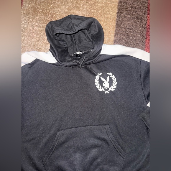 PLAYBOY Black Hoodie with White Sleeve Stripes- Size Large New - Picture 3 of 3